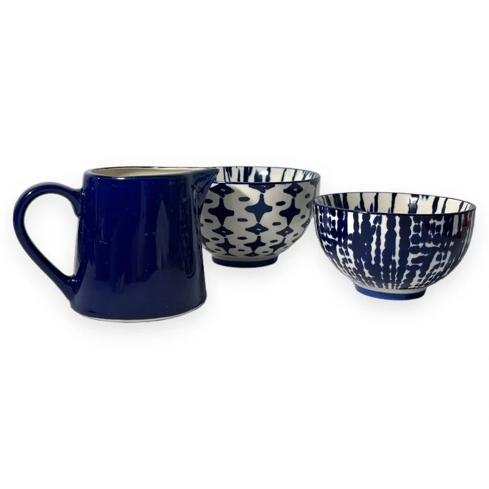 West Elm Indigo Blue Tie-dye Ceramic Nesting Bowls and Colbalt Blue Pitcher‎